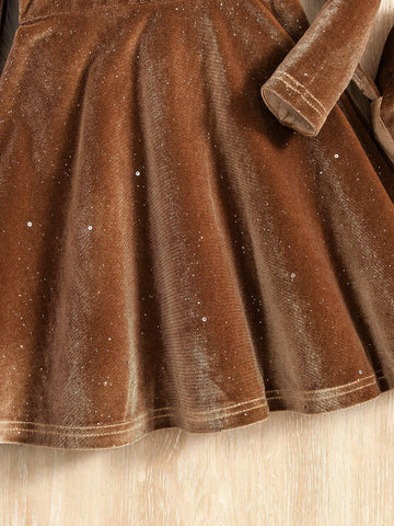Young Girl Elegant Delicate Velvet V-Neck Long Sleeve A-Line Dress + Bag, Suitable For Christmas Party And Ball, Autumn/Winter