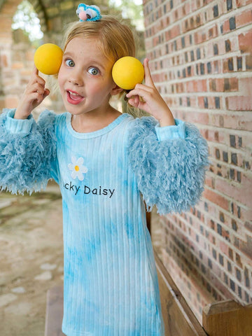 Young Girl Elegant Embroidered Faux Fur Splice Dress