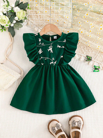 Young Girl Elegant Embroidery A-Line Dress With Flutter Sleeves, Fashionable & Breathable For Spring/Summer