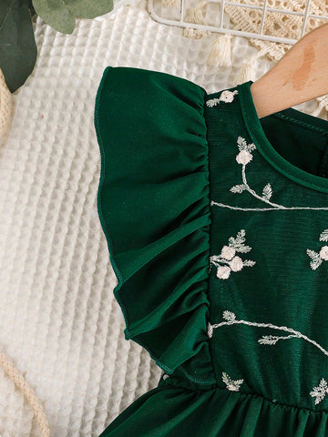 Young Girl Elegant Embroidery A-Line Dress With Flutter Sleeves, Fashionable & Breathable For Spring/Summer
