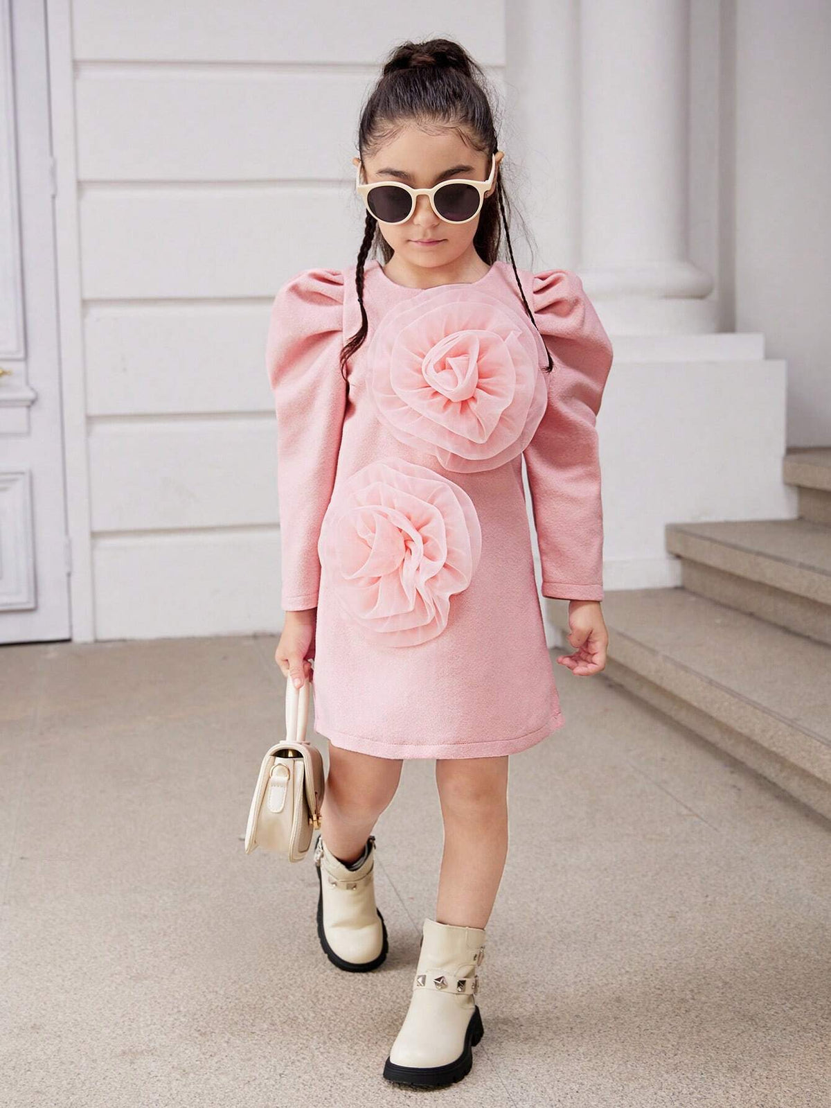 Young Girl Elegant Floral 3D Decorated Puff Sleeve Dress, Spring & Autumn