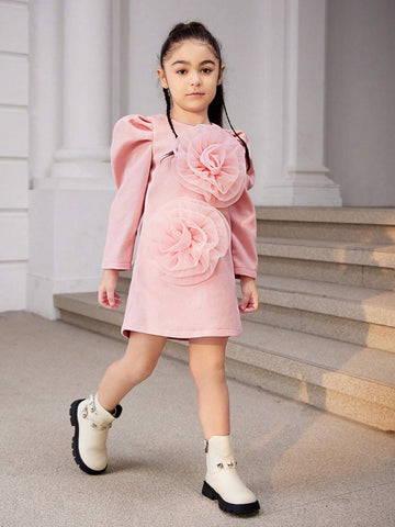 Young Girl Elegant Floral 3D Decorated Puff Sleeve Dress, Spring & Autumn