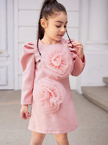 Young Girl Elegant Floral 3D Decorated Puff Sleeve Dress, Spring & Autumn