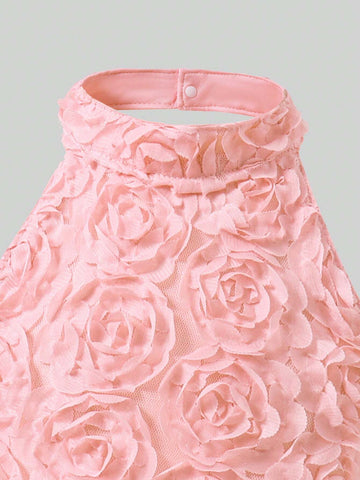 Young Girl Elegant Floral Embellished Mini Dress, Party & Pageant Gown - Pink