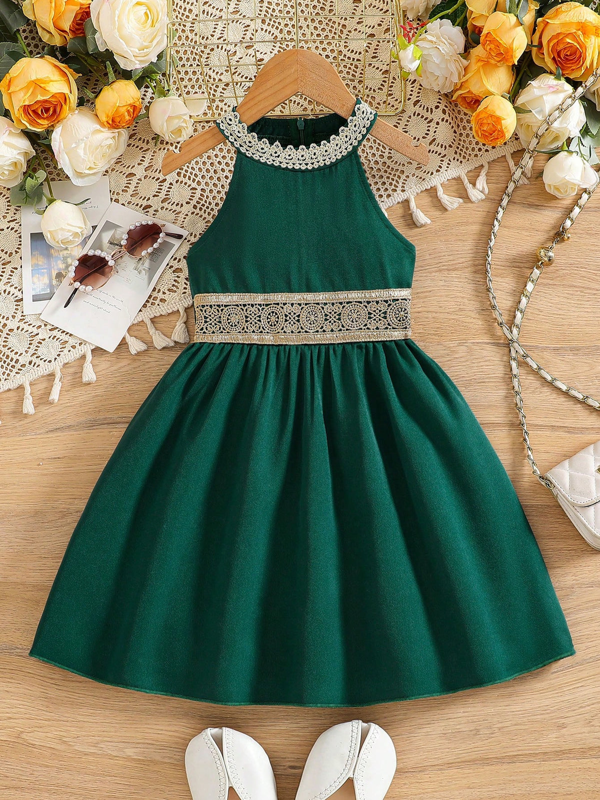 Young Girl Elegant Floral Lace Trim Open Shoulder Zipper Back Dress