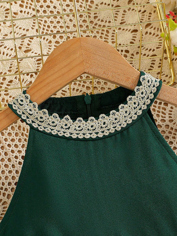 Young Girl Elegant Floral Lace Trim Open Shoulder Zipper Back Dress