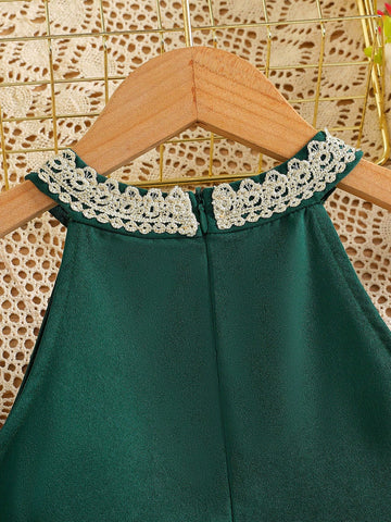 Young Girl Elegant Floral Lace Trim Open Shoulder Zipper Back Dress