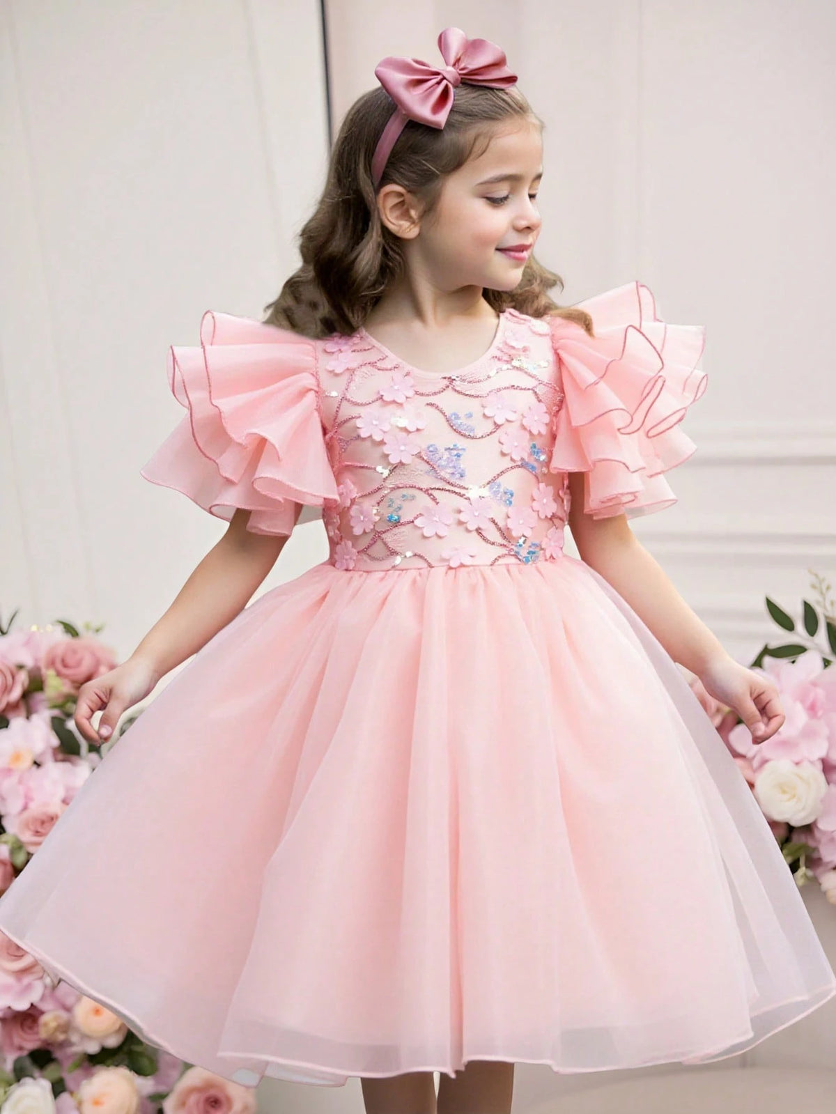 Young Girl Elegant Floral Organza Ruffle Hem Short Sleeve Dress, Summer