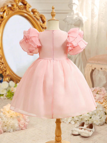 Young Girl Elegant Floral Organza Ruffle Hem Short Sleeve Dress, Summer