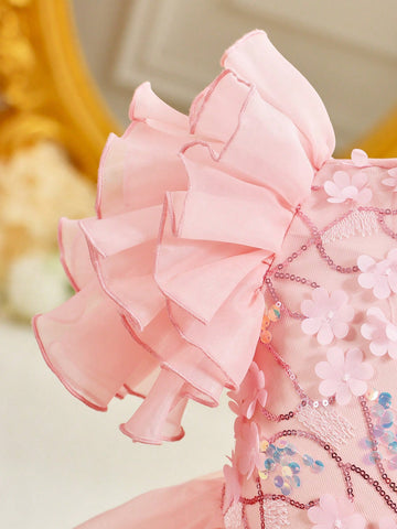 Young Girl Elegant Floral Organza Ruffle Hem Short Sleeve Dress, Summer