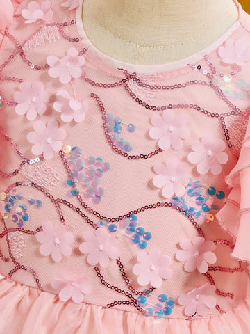 Young Girl Elegant Floral Organza Ruffle Hem Short Sleeve Dress, Summer