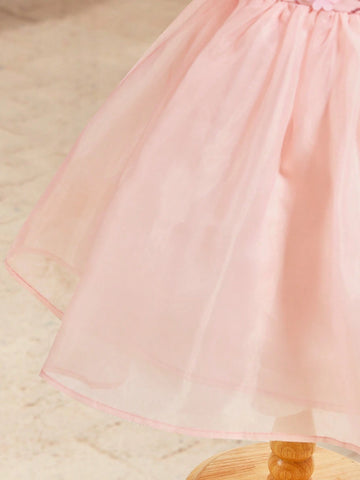 Young Girl Elegant Floral Organza Ruffle Hem Short Sleeve Dress, Summer