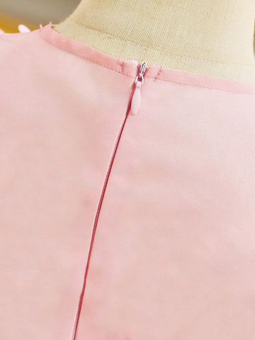 Young Girl Elegant Floral Organza Ruffle Hem Short Sleeve Dress, Summer