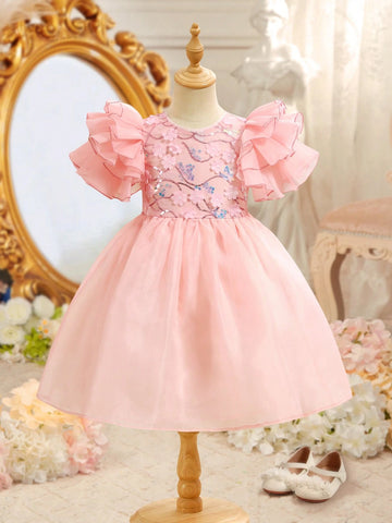 Young Girl Elegant Floral Organza Ruffle Hem Short Sleeve Dress, Summer