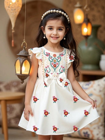 Young Girl Elegant Floral Print Bow Tie Long Sleeve Dress, Suitable For Spring/Summer