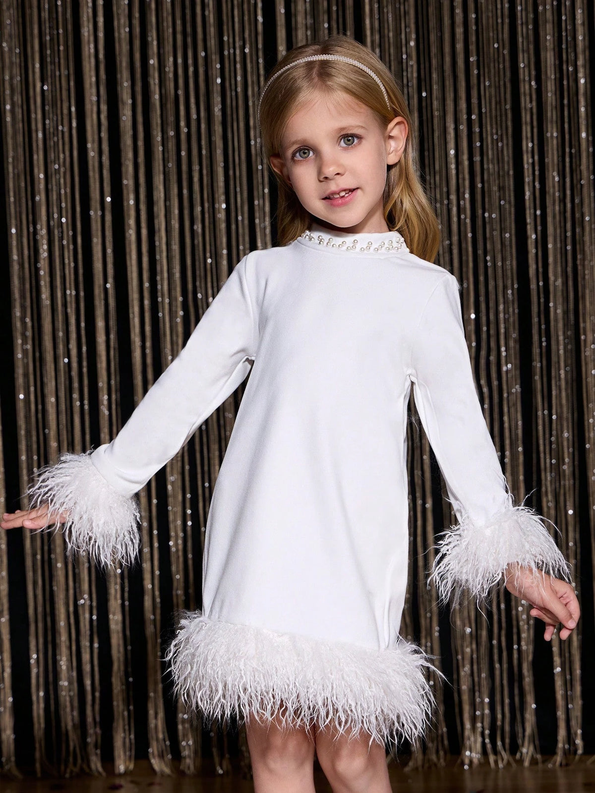 Young Girl Elegant Fluffy Feather Mini Dress Long Sleeve Knit Party Formal Gown, Fashion Winter White