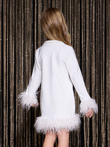 Young Girl Elegant Fluffy Feather Mini Dress Long Sleeve Knit Party Formal Gown, Fashion Winter White