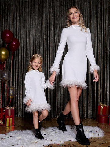 Young Girl Elegant Fluffy Feather Mini Dress Long Sleeve Knit Party Formal Gown, Fashion Winter White