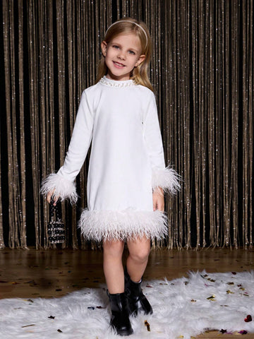 Young Girl Elegant Fluffy Feather Mini Dress Long Sleeve Knit Party Formal Gown, Fashion Winter White