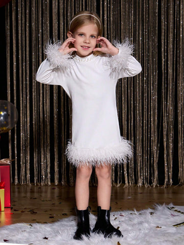 Young Girl Elegant Fluffy Feather Mini Dress Long Sleeve Knit Party Formal Gown, Fashion Winter White