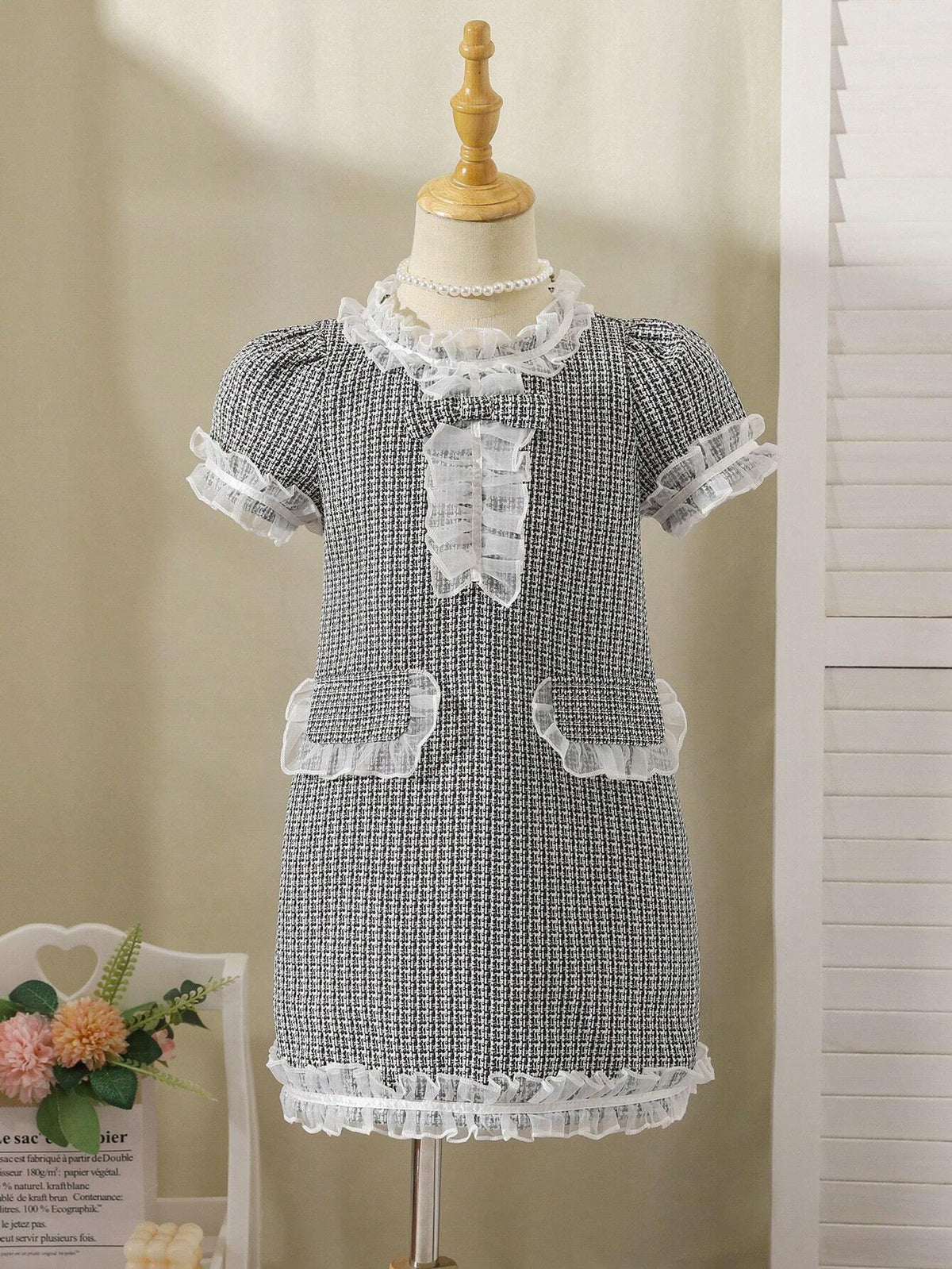 Young Girl Elegant French Madeleine Sweet Gauze Spliced Grid Princess Dress
