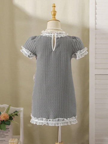 Young Girl Elegant French Madeleine Sweet Gauze Spliced Grid Princess Dress