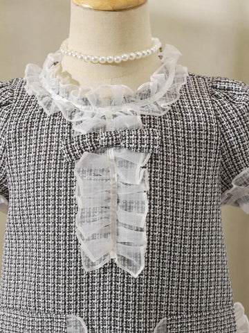 Young Girl Elegant French Madeleine Sweet Gauze Spliced Grid Princess Dress