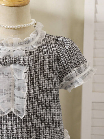 Young Girl Elegant French Madeleine Sweet Gauze Spliced Grid Princess Dress