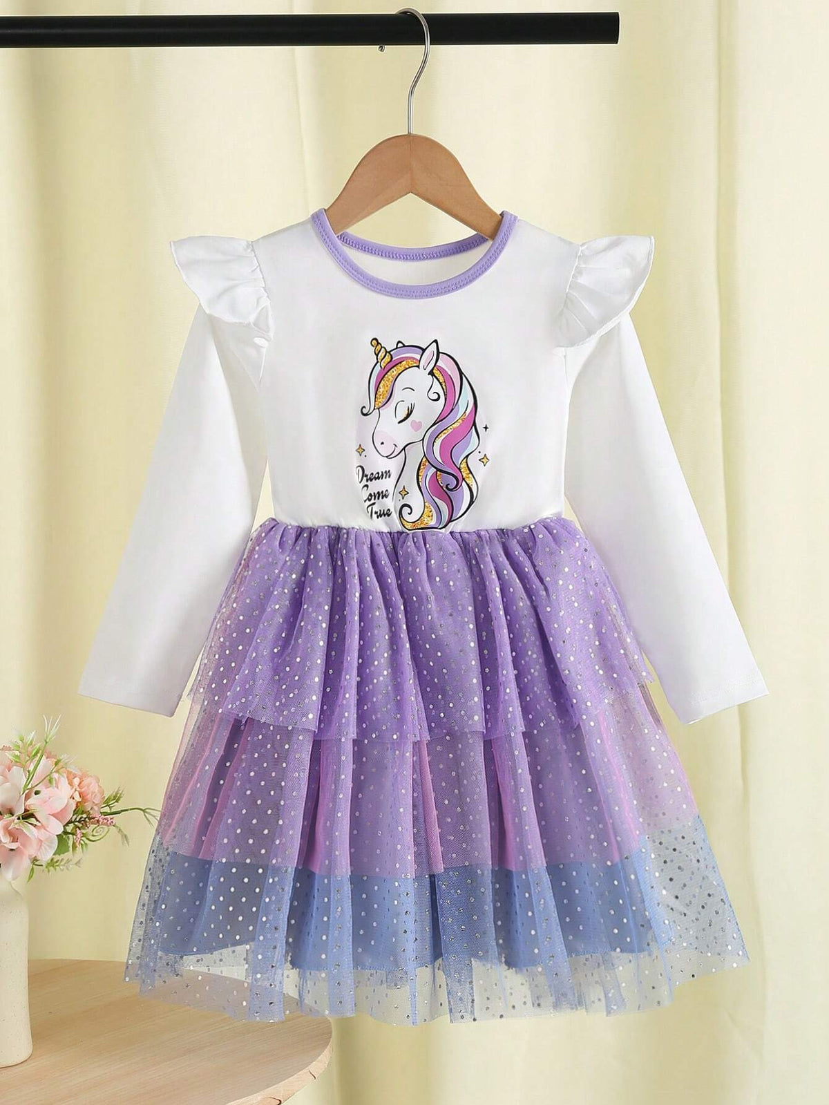 Young Girl' Elegant Glamorous Scoop Neck Long Sleeve Waisted A-Line Gradient Sparkly Tulle Puff Dress, Fall Princess Dress