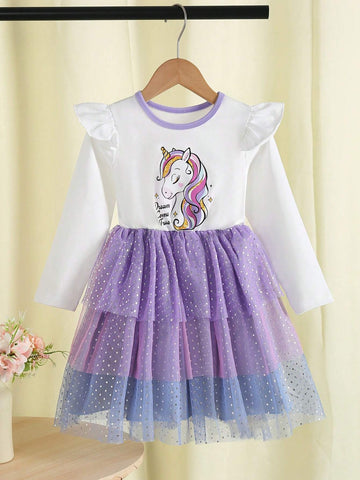 Young Girl' Elegant Glamorous Scoop Neck Long Sleeve Waisted A-Line Gradient Sparkly Tulle Puff Dress, Fall Princess Dress