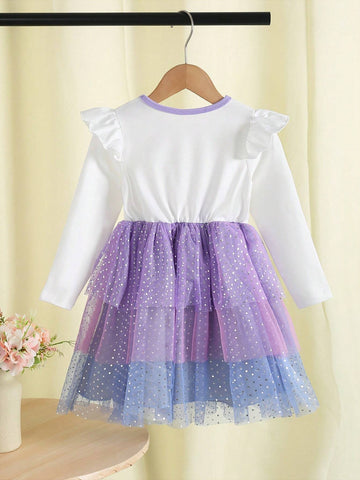 Young Girl' Elegant Glamorous Scoop Neck Long Sleeve Waisted A-Line Gradient Sparkly Tulle Puff Dress, Fall Princess Dress