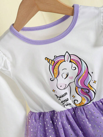 Young Girl' Elegant Glamorous Scoop Neck Long Sleeve Waisted A-Line Gradient Sparkly Tulle Puff Dress, Fall Princess Dress