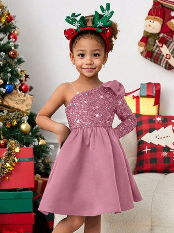 Young Girl Elegant Glamorous Sequined Patchwork Satin Party Dress