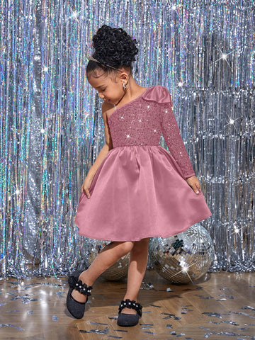 Young Girl Elegant Glamorous Sequined Patchwork Satin Party Dress