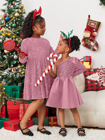 Young Girl Elegant Glamorous Sequined Patchwork Satin Party Dress