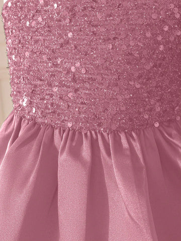 Young Girl Elegant Glamorous Sequined Patchwork Satin Party Dress