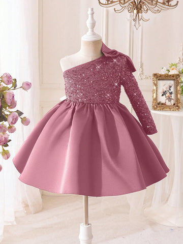 Young Girl Elegant Glamorous Sequined Patchwork Satin Party Dress