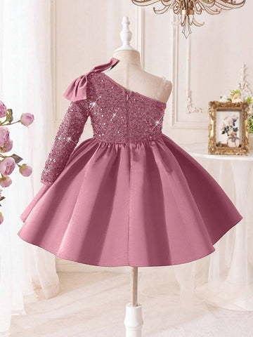 Young Girl Elegant Glamorous Sequined Patchwork Satin Party Dress