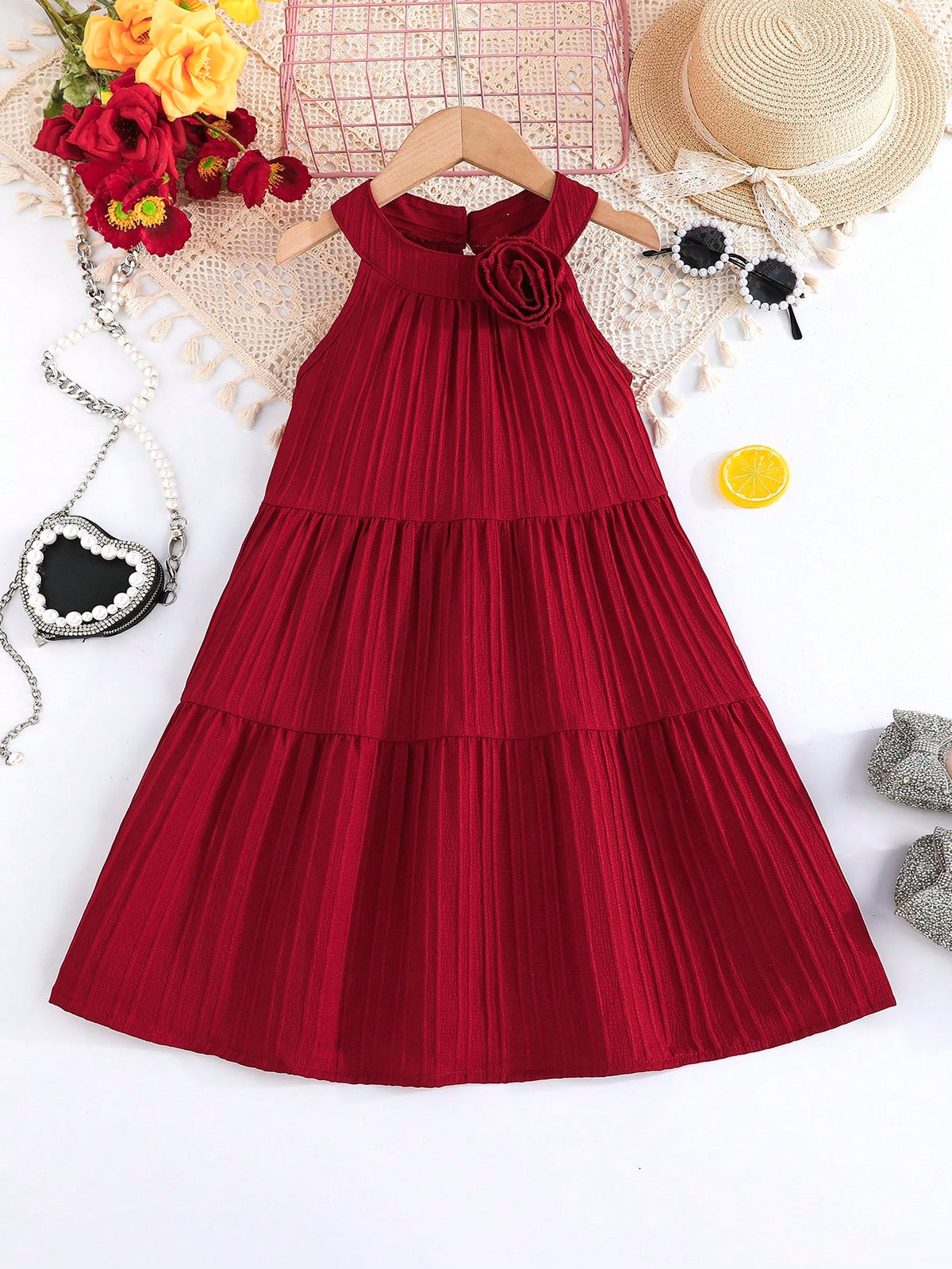 Young Girl Elegant Halter Sleeveless Floral Chiffon Fluffy Princess Dress, Suitable For Spring & Summer