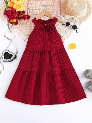 Young Girl Elegant Halter Sleeveless Floral Chiffon Fluffy Princess Dress, Suitable For Spring & Summer