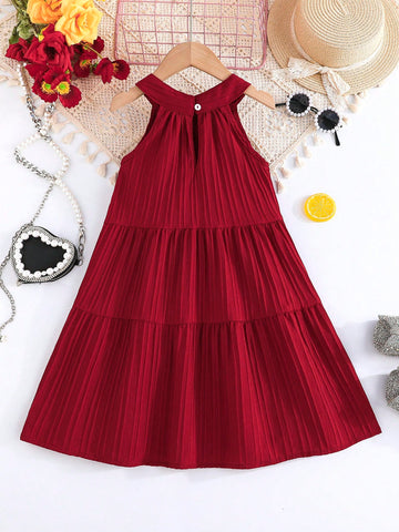 Young Girl Elegant Halter Sleeveless Floral Chiffon Fluffy Princess Dress, Suitable For Spring & Summer