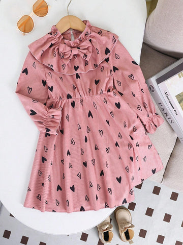 Young Girl Elegant Heart Printed Collared Long Sleeve A-Line Corduroy Dress, Autumn/Winter