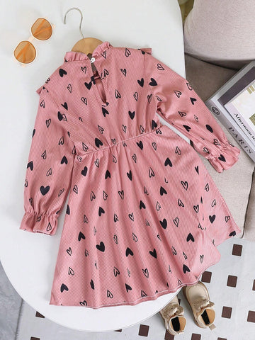 Young Girl Elegant Heart Printed Collared Long Sleeve A-Line Corduroy Dress, Autumn/Winter