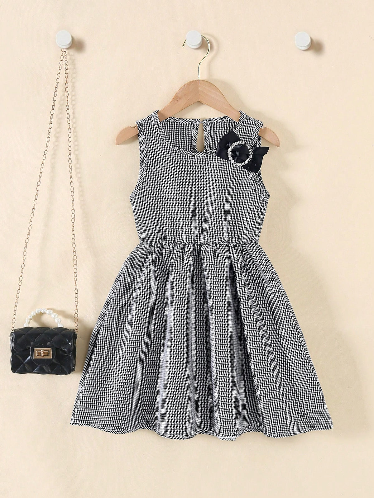 Young Girl Elegant Houndstooth Pattern High Waist Round Neck Sleeveless Bow Decor Short Summer Dress