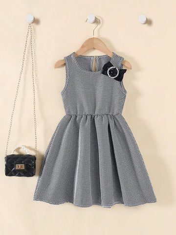 Young Girl Elegant Houndstooth Pattern High Waist Round Neck Sleeveless Bow Decor Short Summer Dress