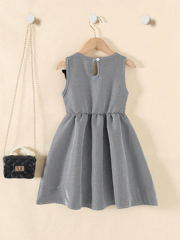 Young Girl Elegant Houndstooth Pattern High Waist Round Neck Sleeveless Bow Decor Short Summer Dress