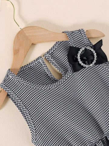 Young Girl Elegant Houndstooth Pattern High Waist Round Neck Sleeveless Bow Decor Short Summer Dress