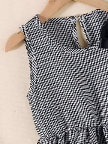Young Girl Elegant Houndstooth Pattern High Waist Round Neck Sleeveless Bow Decor Short Summer Dress