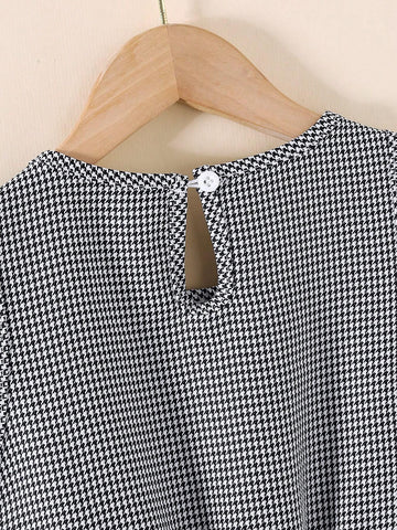 Young Girl Elegant Houndstooth Pattern High Waist Round Neck Sleeveless Bow Decor Short Summer Dress