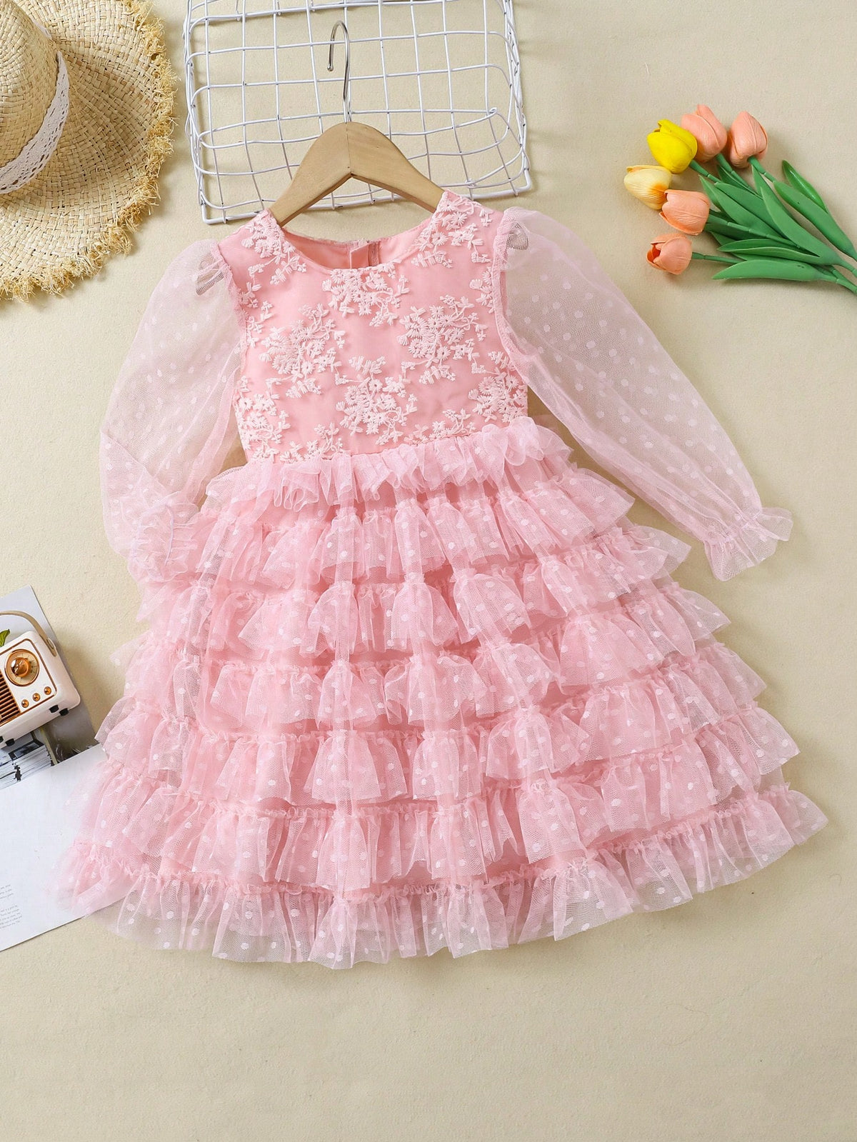 Young Girl Elegant Lace Polka Dot Mesh Long Sleeve Party Dress, Suitable For Spring/Autumn